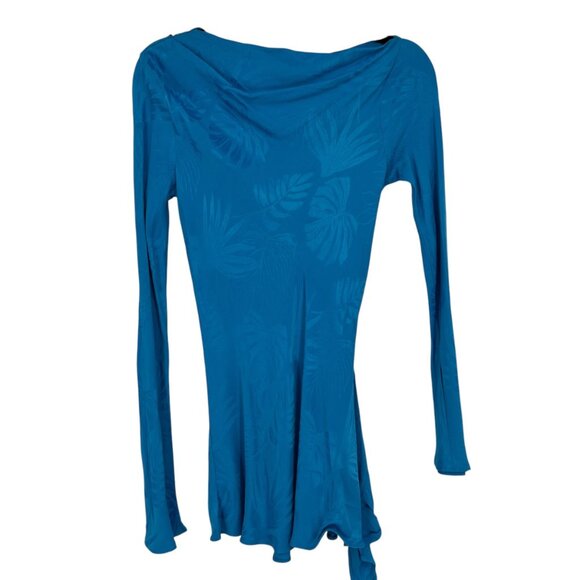 TOPSHOP Cowl Neck Bell Sleeve Tunic With Leaf Pattern Turquoise Size 2 NWOT - Picture 2 of 9